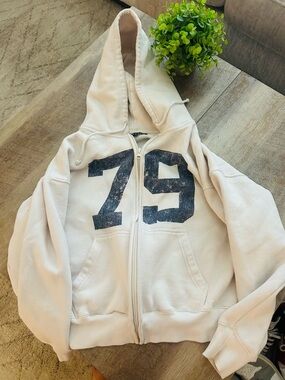 PacSun cream  Zip-Up Hoodie with Navy '79' Graphic
